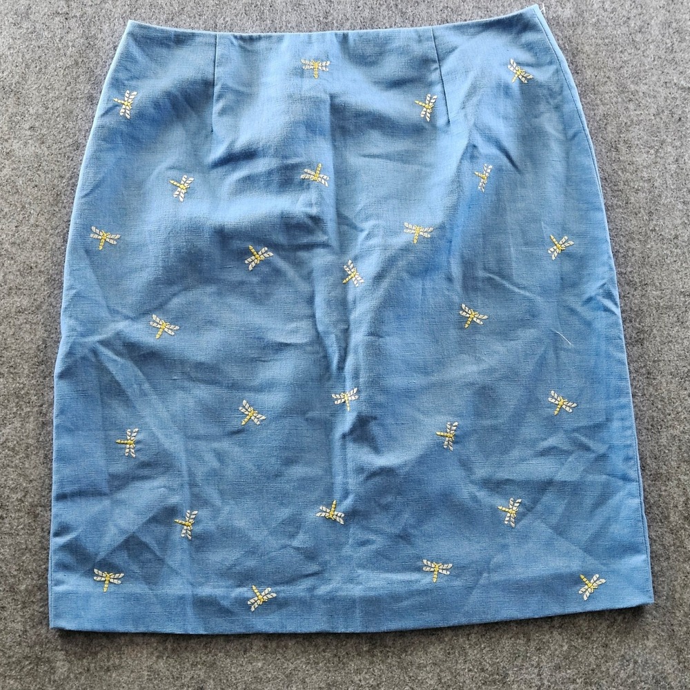 Talbots Blue Linen Blenz Dragonfly Embroidered Pencil Skirt Size 10